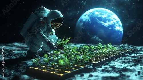 Astronaut Cultivating Plants on the Moon with Earth in View