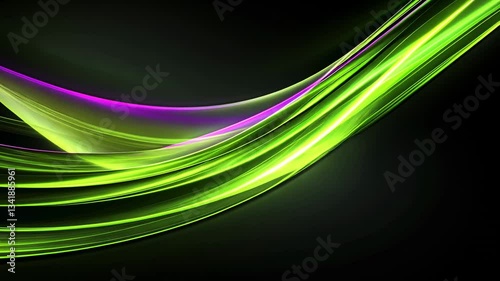 Abstract Green And Violet Light Curves Over Black Background With Glowing Lines