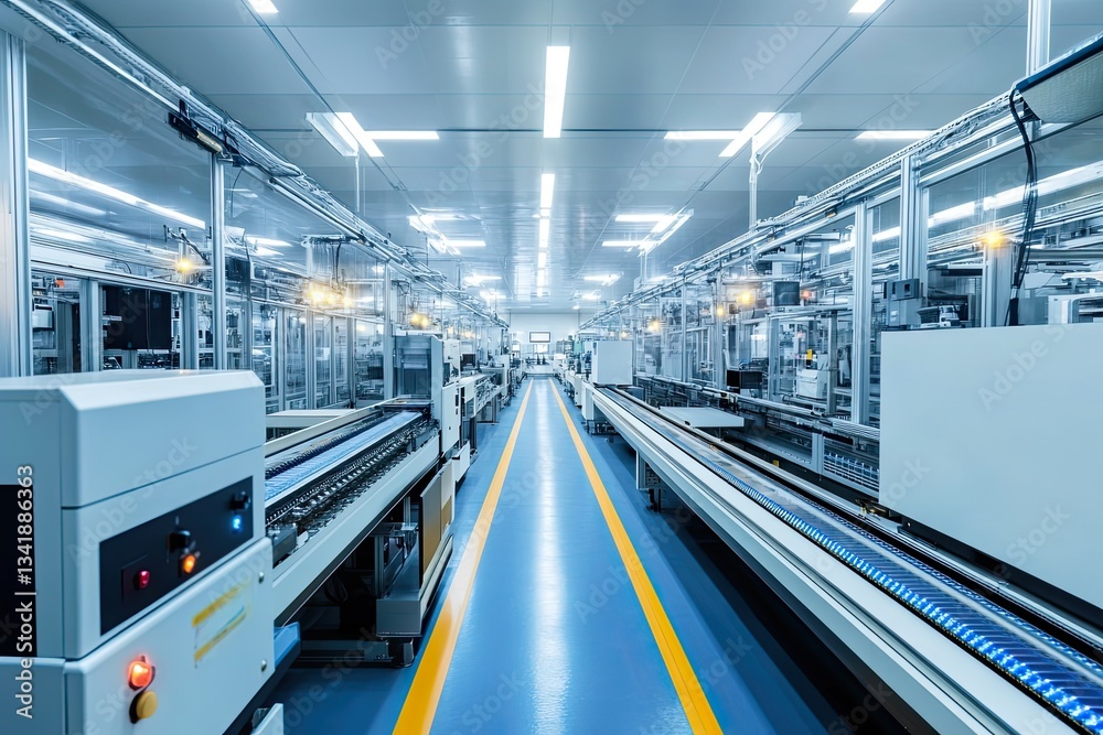 Obraz premium High-tech electronics plant showcasing automated PCB assembly lines