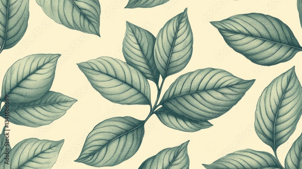 Fototapeta premium Teal Green Leaf Pattern on Cream Background