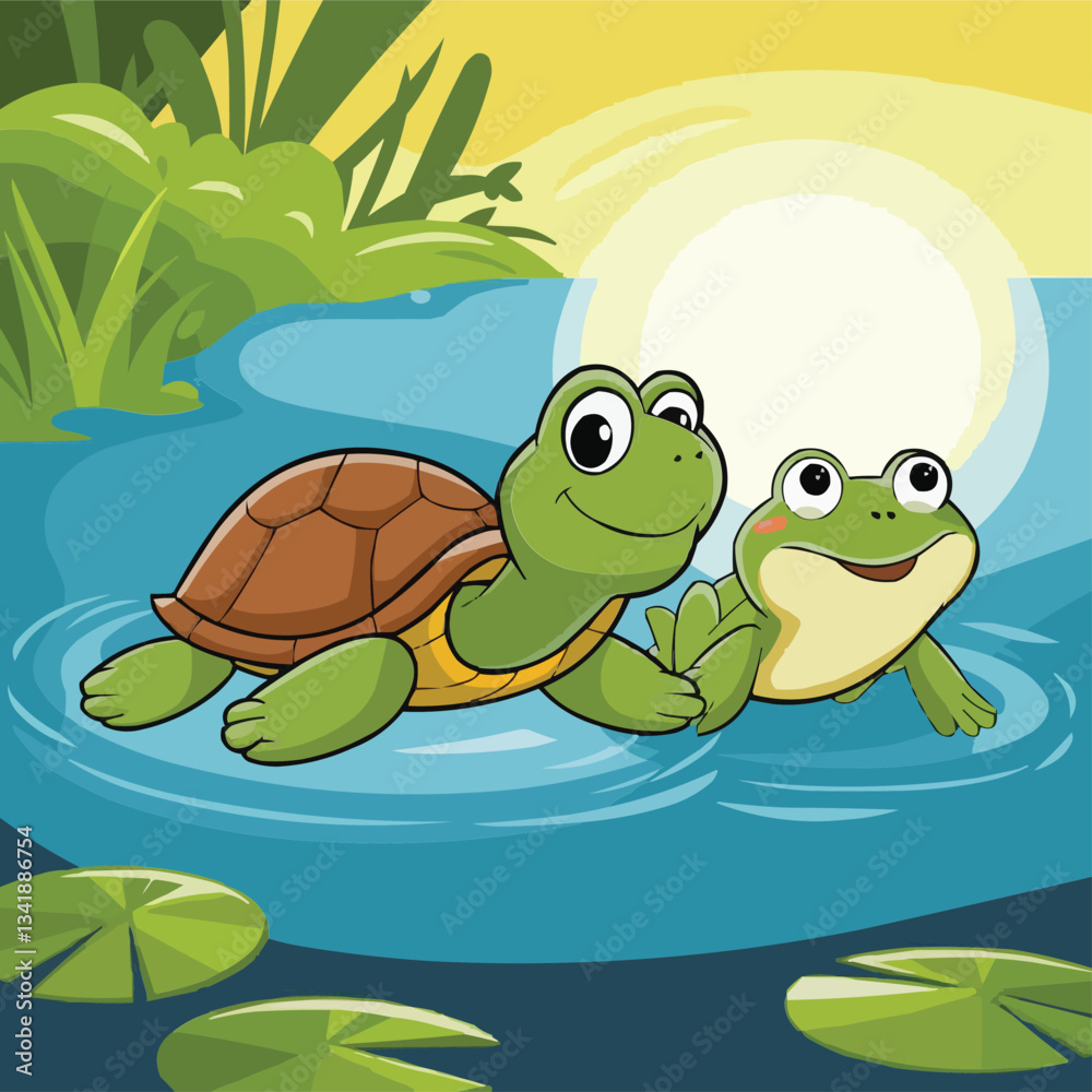 Obraz premium Turtle and Frog Swimming Together in the Water