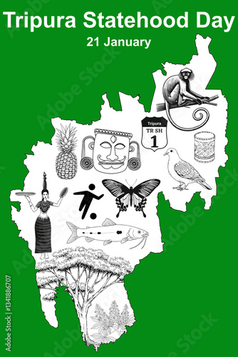 The illustration of Tripura Statehood Day (January 21st) with a map showcasing iconic symbols. Ideal for greeting cards, social media, and educational use, it highlights Tripura’s heritage and beauty.