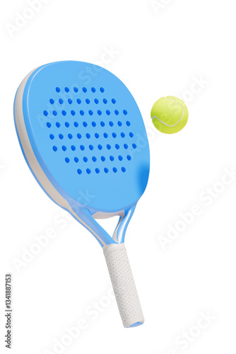 A blue paddle and a yellow ball for playing padel tennis on an isolated background.3d rendering