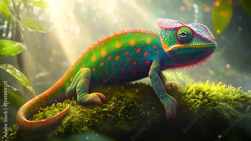 Obraz premium Colorful chameleon resting on mossy branch in tropical rainforest with sunlight rays 