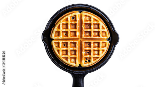 Overhead shot of a golden-brown waffle, divided into quadrants, sitting inside of a black cast iron waffle maker.