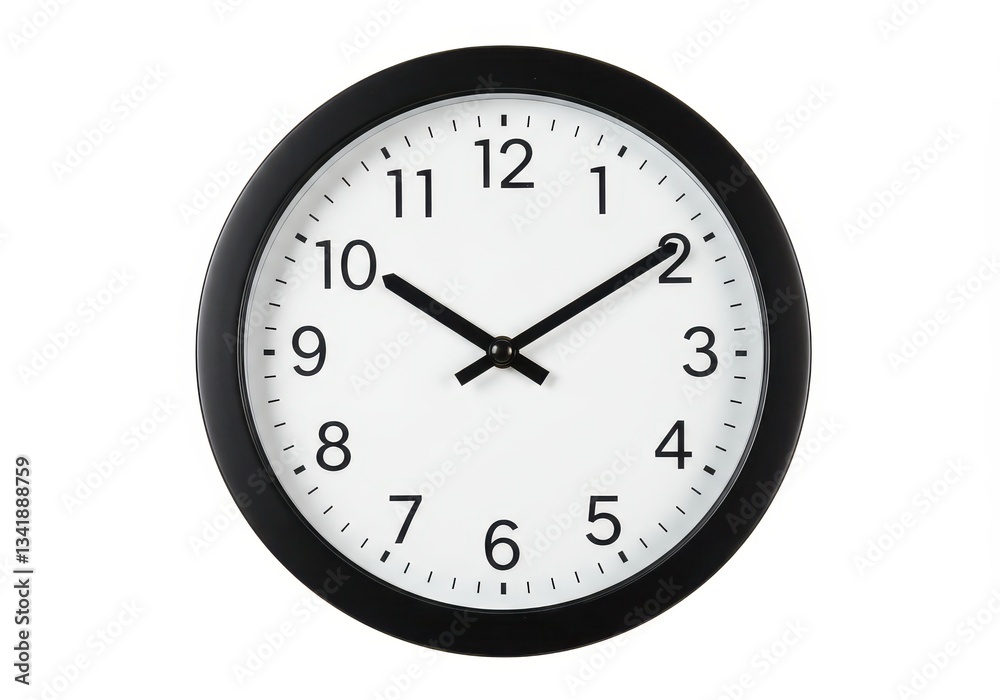 Analog wall clock with a black frame and white dial black hour minute and second hands isolated on white background Analog wall clock with a black frame and white dial black hour minute and second hands isolated on white background