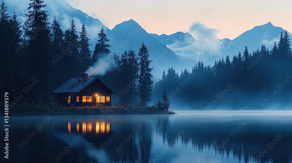 Fototapeta premium A quiet mountain cabin with smoke rising from the chimney, symbolizing calm and introspective thoughts 