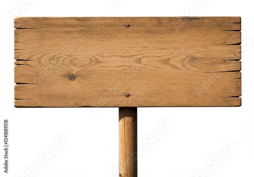 Rustic wooden signboard with a natural texture, mounted on a wooden pole isolated on white background