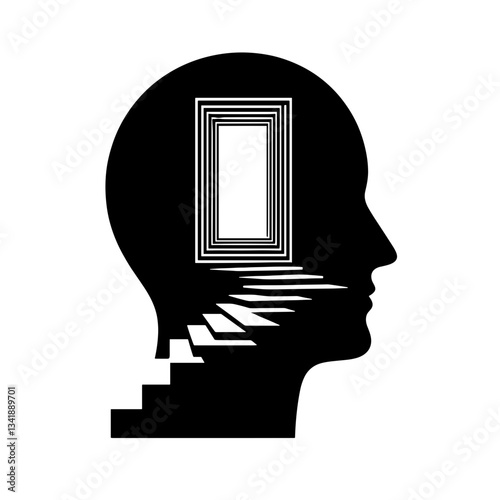 Staircase inside the head leading to the void, search for meaning, vector, transparent background 