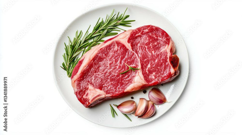 Gourmet steak presentation with fresh herbs and garlic on elegant white plate Gourmet steak presentation with fresh herbs and garlic on elegant white plate