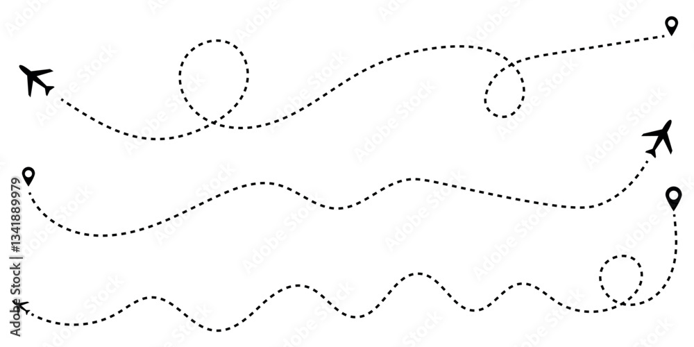 Airplane line path icon. Air plane flight route with line trace vector illustration. Dashed route travel concept. Plane flight way wallpaper isolated on white background. Aviation track symbol. Airplane line path icon. Air plane flight route with line trace vector illustration. Dashed route travel concept. Plane flight way wallpaper isolated on white background. Aviation track symbol.