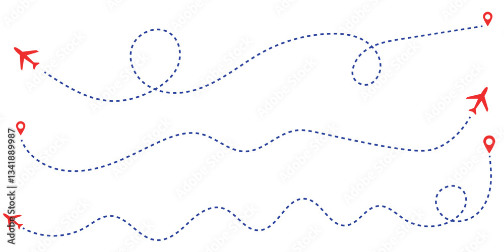 Airplane dotted route line set. Path travel line shapes. Flight route with start point and dash line trace for plane. Airplane line path icon. Airplane flight route with line trace vector illustration Airplane dotted route line set. Path travel line shapes. Flight route with start point and dash line trace for plane. Airplane line path icon. Airplane flight route with line trace vector illustration