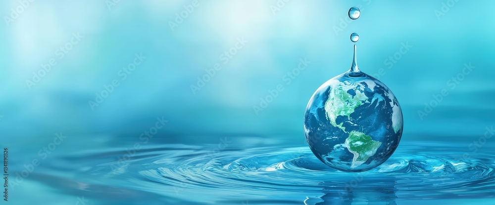 A water droplet shaped like planet Earth hovers above rippling water, symbolizing World Water Day, conservation, and sustainability. Ideal for environmental awareness and climate action campaigns A water droplet shaped like planet Earth hovers above rippling water, symbolizing World Water Day, conservation, and sustainability. Ideal for environmental awareness and climate action campaigns