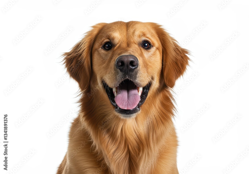 A golden retriever with a friendly expression and open mouth isolated on a white background A golden retriever with a friendly expression and open mouth isolated on a white background