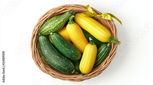 Fresh harvest of green and yellow squash in a wicker basket – perfect for autumn décor or culinary use