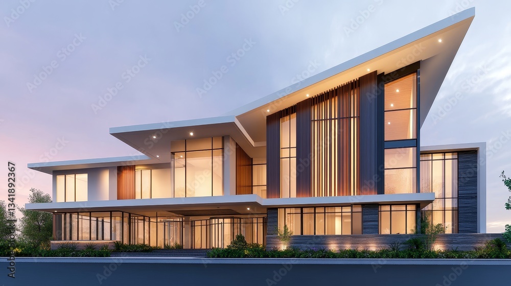 Modern architectural marvel featuring large glass windows and vibrant color at sunset Modern architectural marvel featuring large glass windows and vibrant color at sunset
