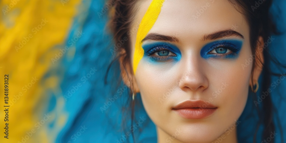 Fototapeta premium Empowering Resilience: Portrait of a woman, adorned in the national colors of Ukraine, embodies strength and hope. A striking fusion of beauty and solidarity, a powerful visual statement.
