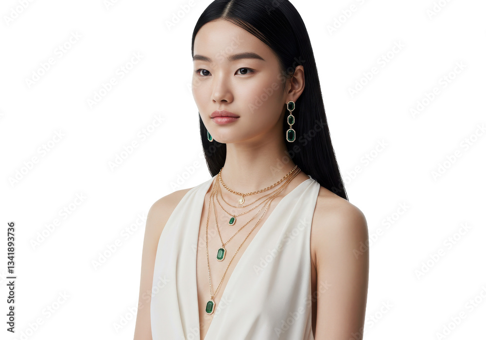 Beautiful young woman wearing elegant jewelry isolated on White background Beautiful young woman wearing elegant jewelry isolated on White background