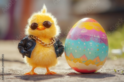 cute young fluffy Easter chick baby with cap and sunglasses