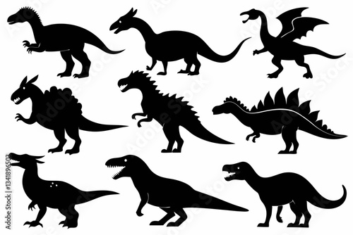set of dinosaurs line art silhouette vector illustration