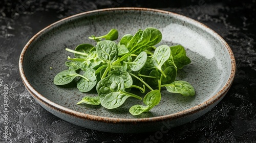 Stylish ceramic plate featuring fresh spinach microgreens in high-resolution close-up