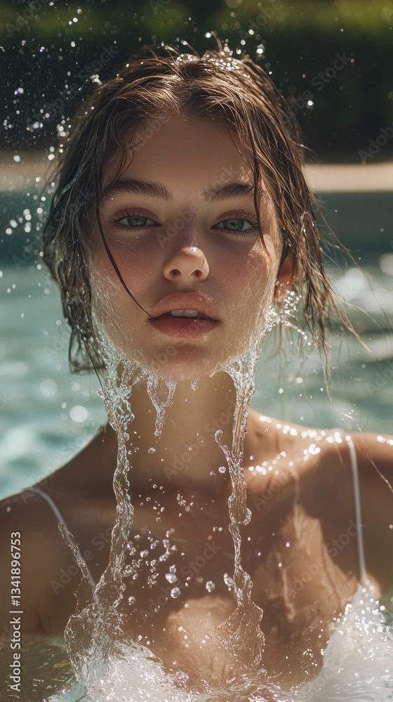 Fototapeta premium Submerged Beauty: A Serene Portrait of a Young Woman Emerging from Water