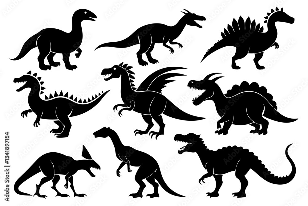 Obraz premium dinosaurs set line art silhouette vector illustration