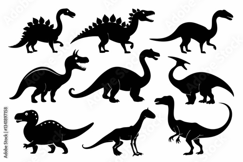 dinosaurs set line art silhouette vector illustration