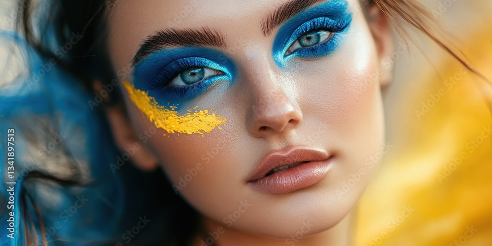 Vibrant Makeup Portrait: A captivating portrait showcasing a woman's face adorned with striking blue and yellow makeup, exuding an aura of beauty and artistic expression. Vibrant Makeup Portrait: A captivating portrait showcasing a woman's face adorned with striking blue and yellow makeup, exuding an aura of beauty and artistic expression.