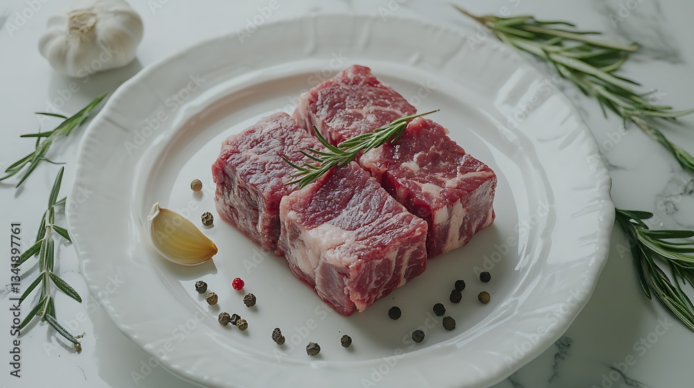 Raw meat on a plate, with herbs. Dinner preparation Raw meat on a plate, with herbs. Dinner preparation