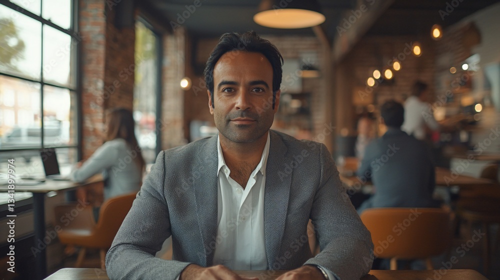 Obraz premium Man in suit in a cafe setting looking at camera with blurred figures background