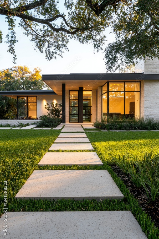 Fototapeta premium Suburban modern home exterior with path leads to the front door for real estate
