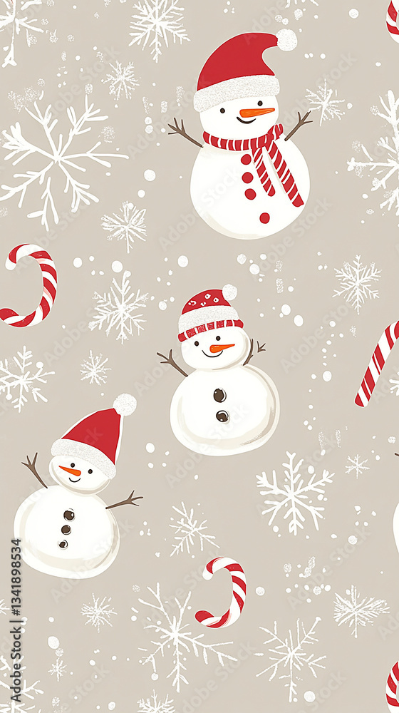 Festive winter pattern featuring cheerful snowmen, candy canes, and snowflakes on a neutral background Festive winter pattern featuring cheerful snowmen, candy canes, and snowflakes on a neutral background
