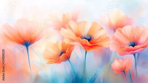 Vibrant orange poppies bloom gracefully in a soft, dreamy background of pastel color