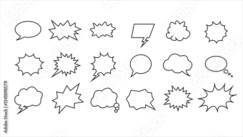 Retro hand drawn empty comic speech bubble, cloud text message box or sticker set with black halftone shadow in pop art cartoon style. Business communication symbol. Chat box, idea or quote balloon.