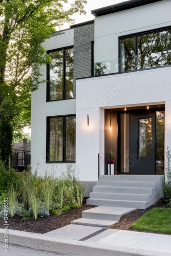 Wallpaper Mural Modern residential entrance with sleek design, lush landscaping, and natural light during late afternoon showcasing elegant contemporary architecture Torontodigital.ca