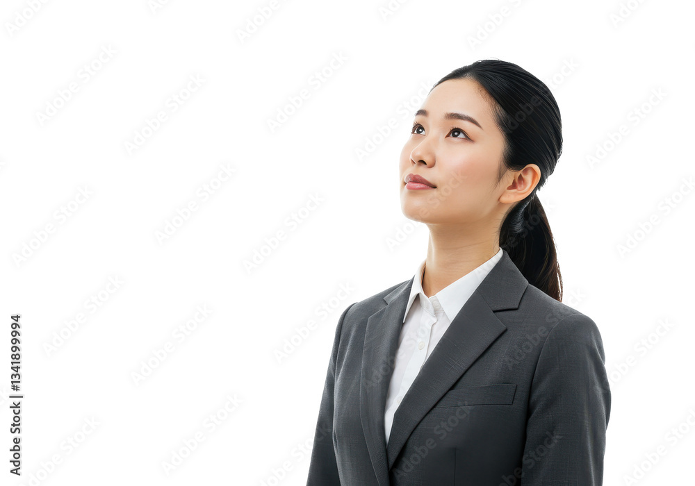 Thinking business woman looking up isolated on White background Thinking business woman looking up isolated on White background