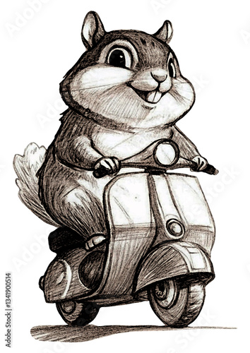 Squirrel's Scooter Adventure: A charming and whimsical illustration depicts a cheerful squirrel riding a vintage scooter, radiating a sense of fun and adventure. 