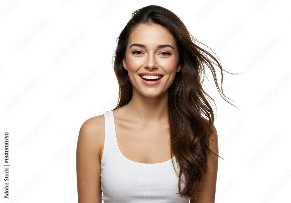 Happy young 30 year old european brunette woman model with long hair and brown isolated on White background Happy young 30 year old european brunette woman model with long hair and brown isolated on White background
