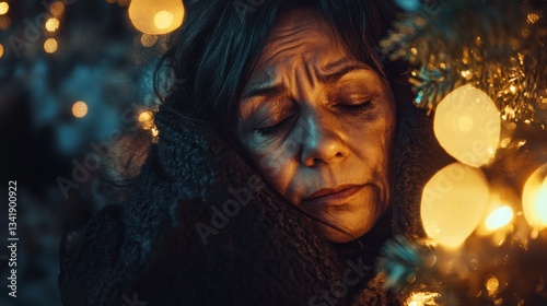 Close-Up of Mature Woman with Eyes Closed, Embraced by Warm Holiday Lights on a Winter Night