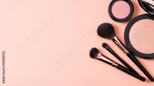 Arrangement of makeup brushes and cosmetics on a soft pink background for beauty enthusiasts