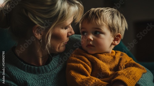 Close-Up Portrait of a Mother Cuddling Her Child in a Cozy Indoor Setting