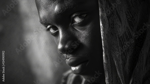 Close-Up Portrait of a Person with Glistening Skin and Intense Expression in Monochrome