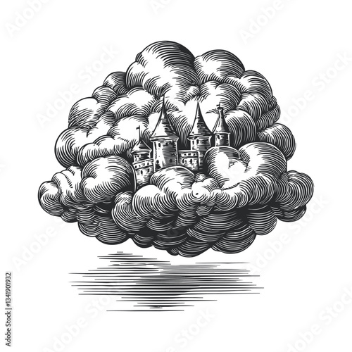Fantasy Castle Emerging from Dramatic Clouds in Woodcut Style