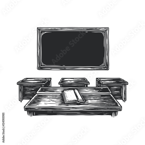Classroom Scene Woodcut Print with Desk and Chalkboard Design