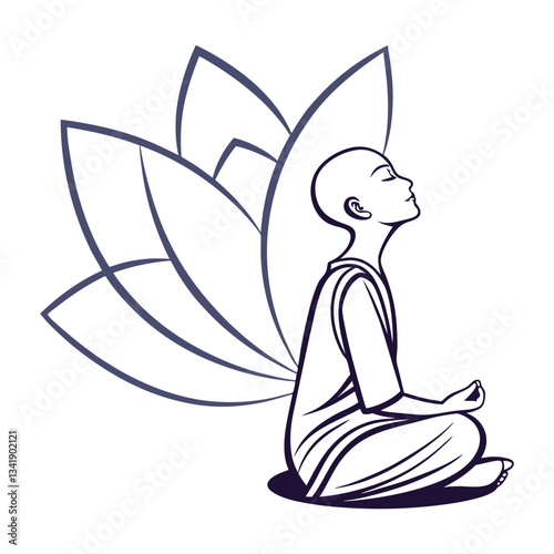 Minimal Line Art of Woman Meditating in Lotus Pose with Lotus Flower Background  .