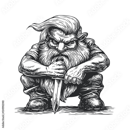Detailed Woodcut Illustration of a Gnome with a Knife in Hand