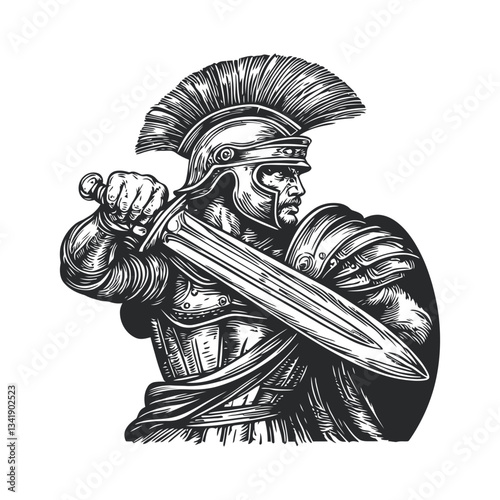 Vintage Woodcut Style Roman Soldier with Sword and Shield Design