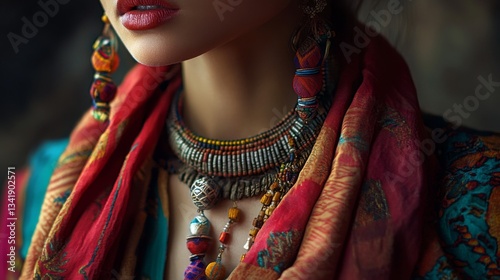 Close-Up Portrait of a Woman Wearing Colorful Traditional Jewelry and Elegant Scarf with Rich Textures