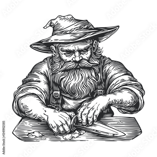 Artisan Woodworker Carving with Knife in Vintage Woodcut Style